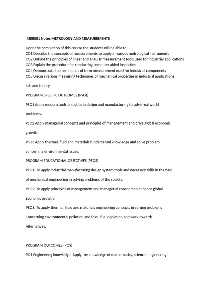 ME8501 Notes METROLOGY AND MEASUREMENTSyufgyu | PDF | Engineering ...