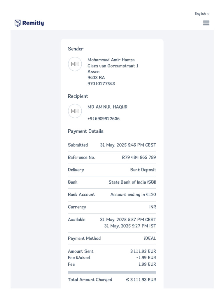 Remitly Transaction Details for India | PDF