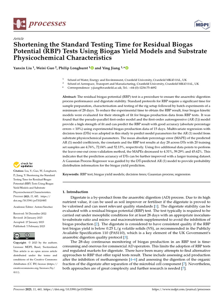 Reduce RBP Test Time with Biogas Models | PDF | Biogas | Autoregressive ...