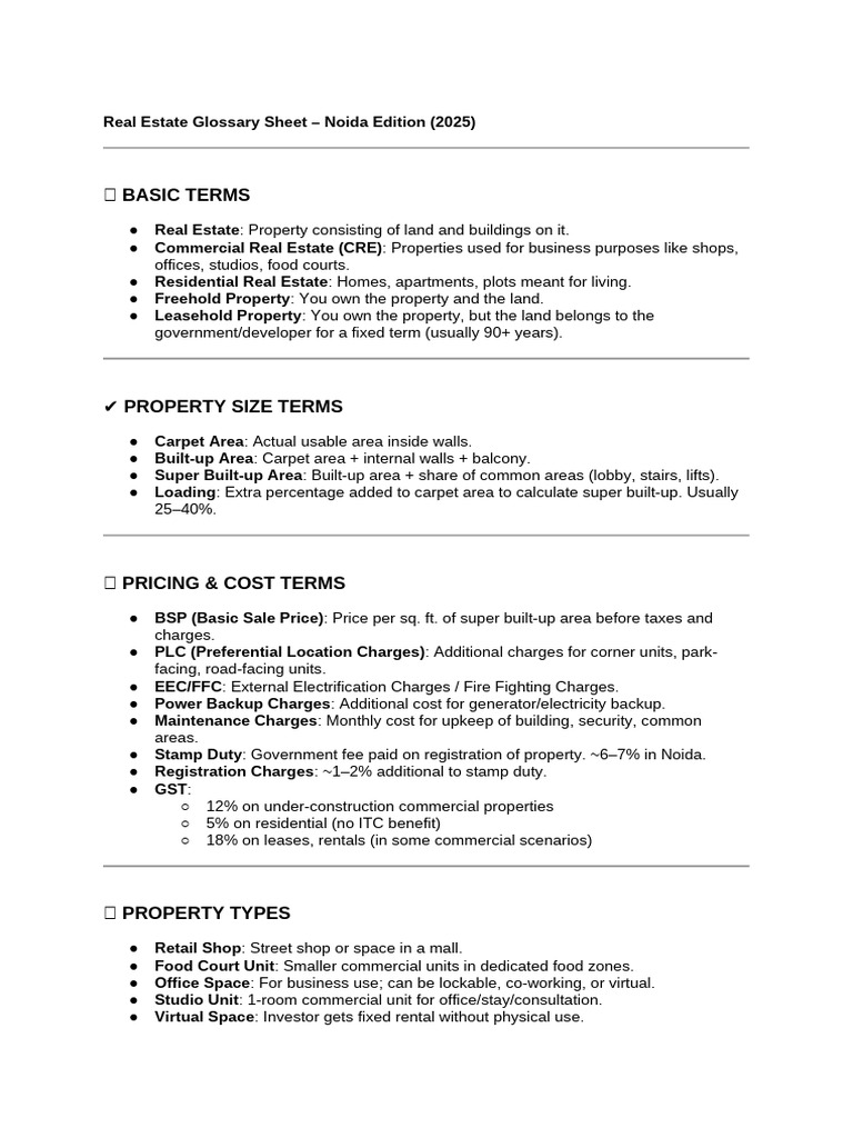 Real Estate Glossary Sheet – Noida Edition (2025) | PDF | Renting | Receipt
