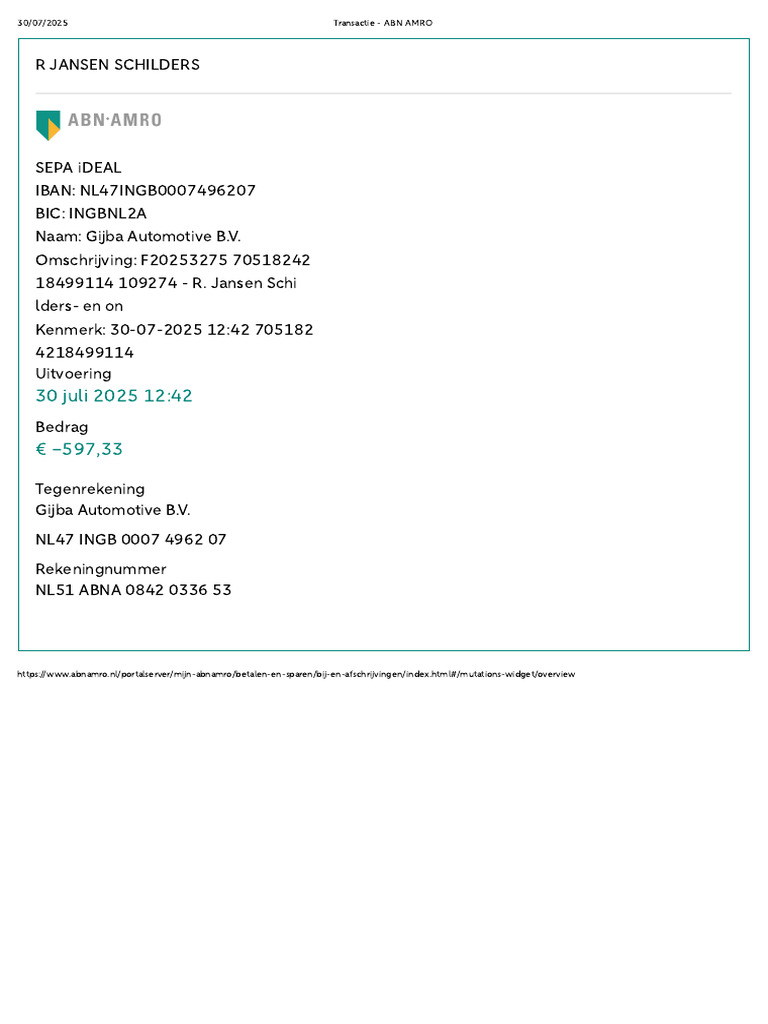 30 Juli 2025 12:42 597 33: 30/07/2025 Transactie - ABN AMRO | PDF