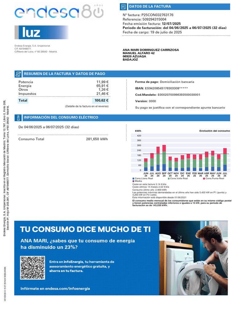 Factura de Electricidad Endesa 07/2025 | PDF | Cantidades fisicas ...