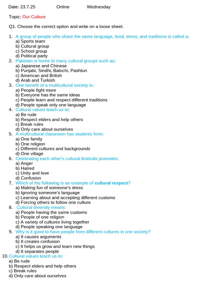 Understanding Cultural Diversity Quiz | PDF