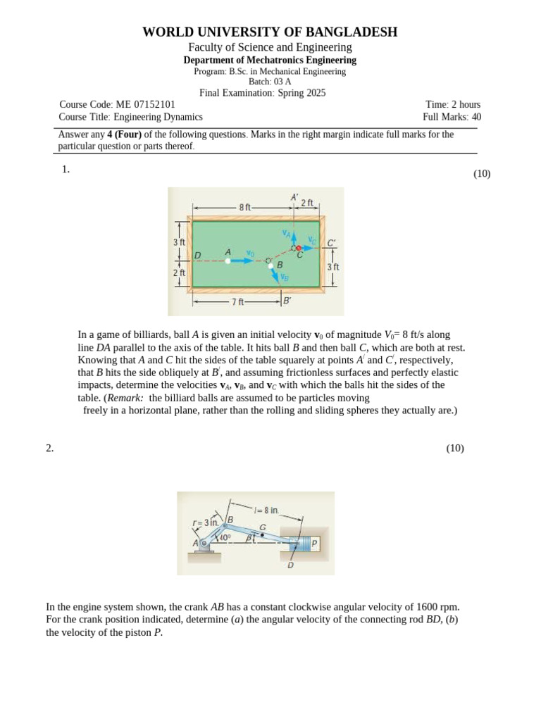 Engineering Dynamics Exam Spring 2025 | PDF | Velocity | Acceleration