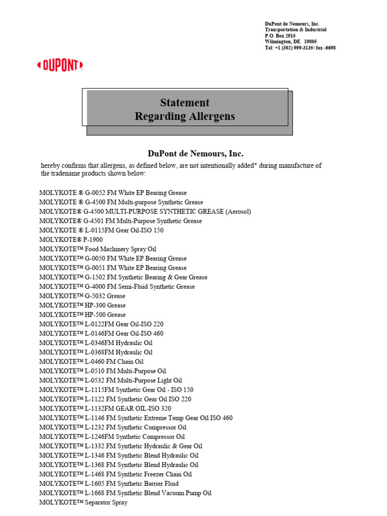 Molykote Products Allergen Statement | PDF | Food Allergy | Foods