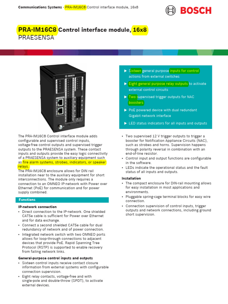 Bosch PRA-IM16C8 Control Module Overview | PDF | Network Switch | Relay
