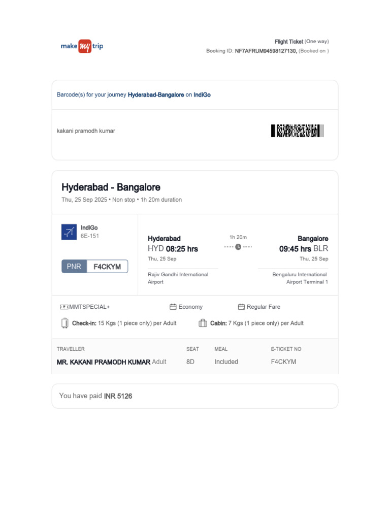 Hyderabad to Bangalore Flight Ticket | PDF | Transport | Aviation