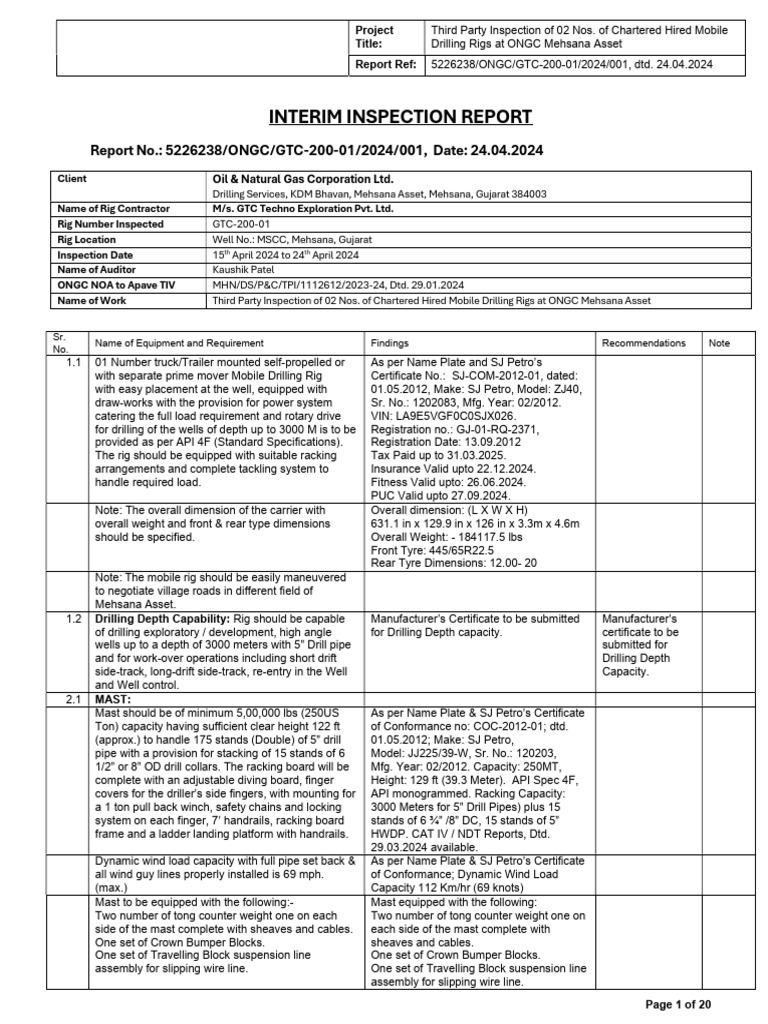 Third Party Inspection Report for Drilling Rigs | PDF | Pump ...