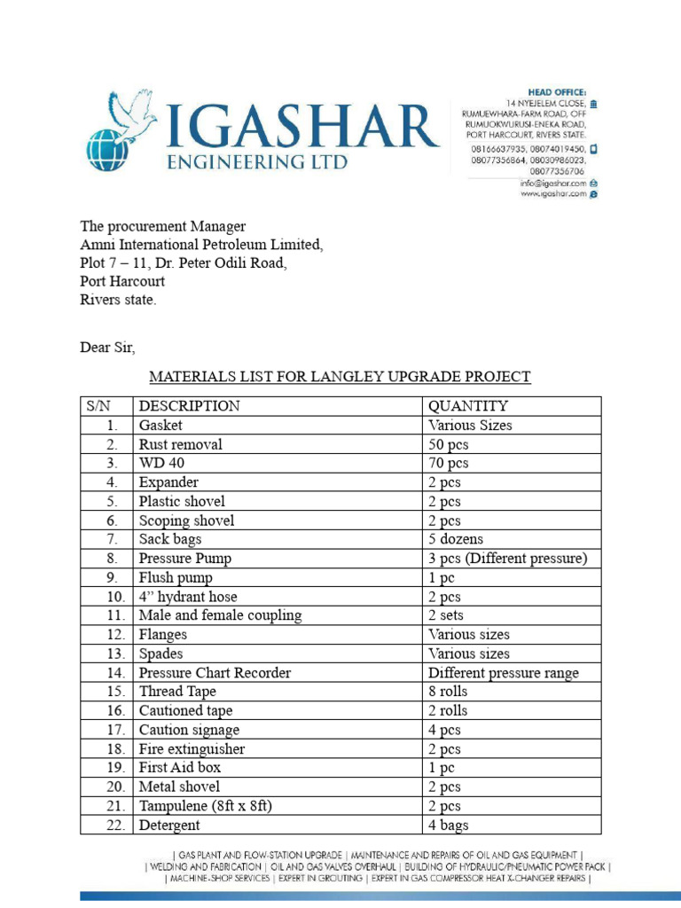 Langley Upgrade Project Materials List | PDF