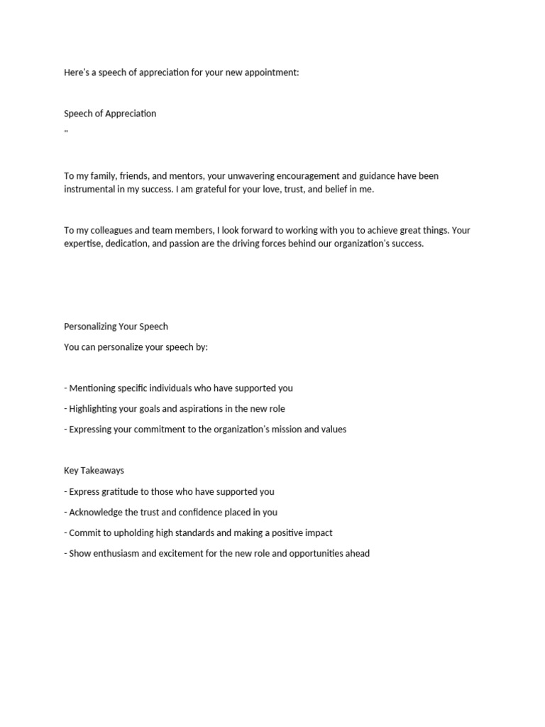 Speech of Appreciation for New Role | PDF
