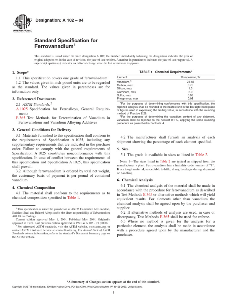 ASTM A 102-04 Ferrovanadium Specification | PDF | Specification ...