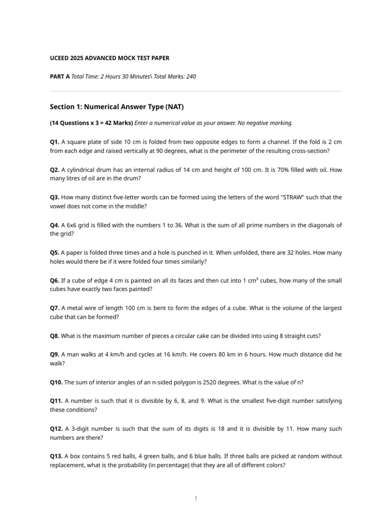 UCEED 2025 Advanced Mock Test Paper | PDF | Polytopes | Euclidean Geometry
