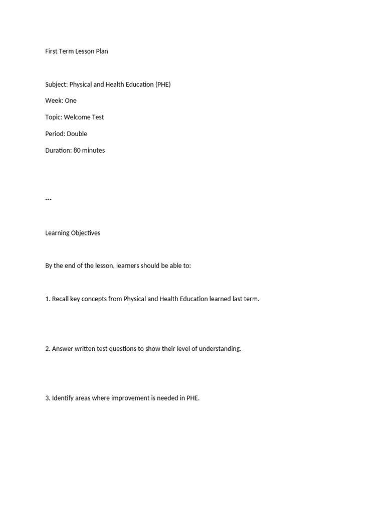 First Term Lesson Plan PHE Week 1 | PDF