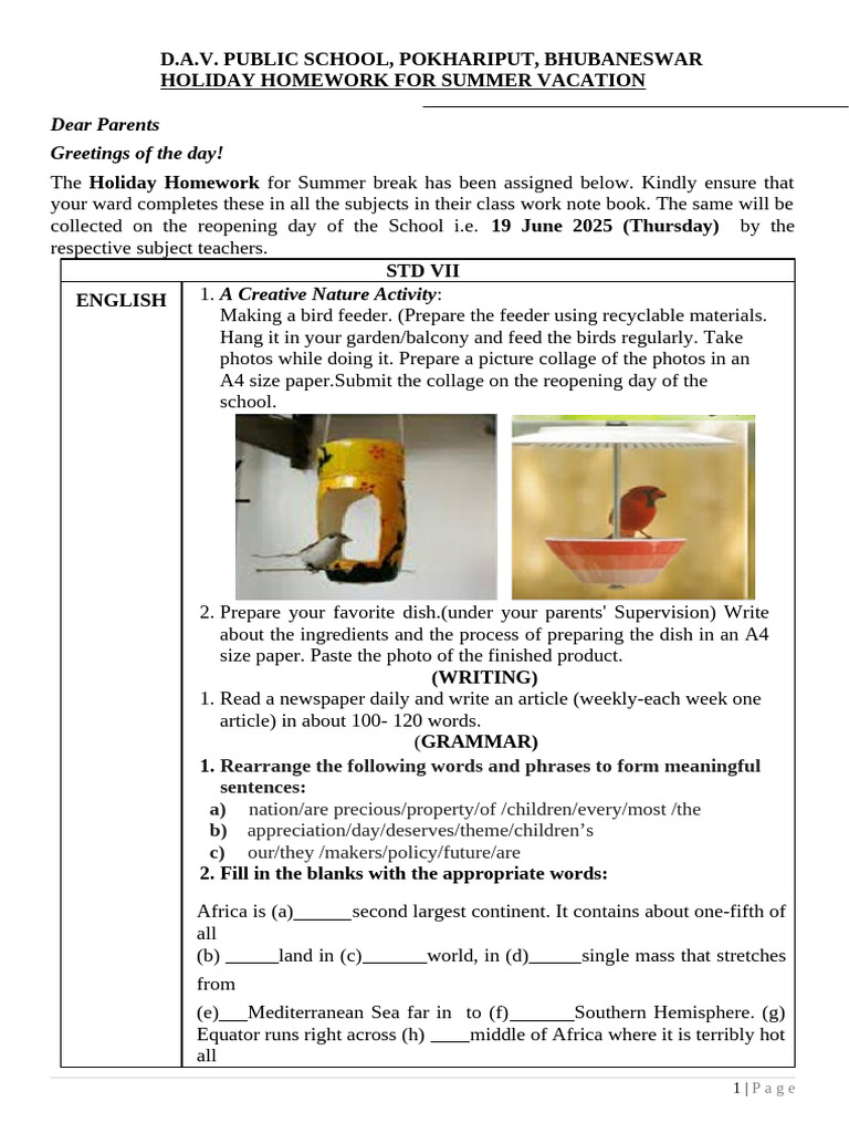 Summer Vacation Homework for Class VII | PDF | Chemical Reactions | Sodium