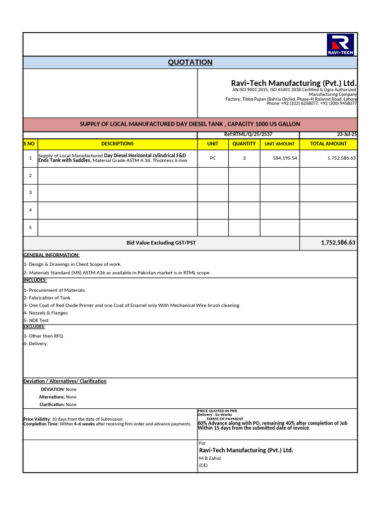 1000 Gallon Diesel Tank Supply Quotation | PDF