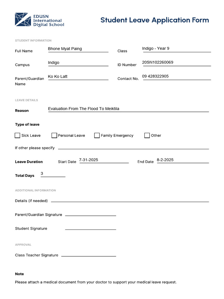 Student Leave Application Form | PDF