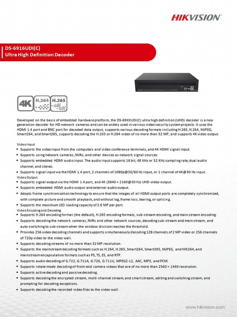 Ultra HD Decoder DS-6916UDI(C) Features | PDF | Hdmi | Codec