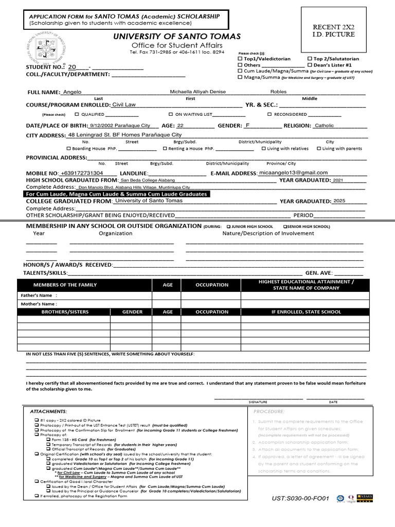UST Academic Scholarship Application Form | PDF | Educational Stages
