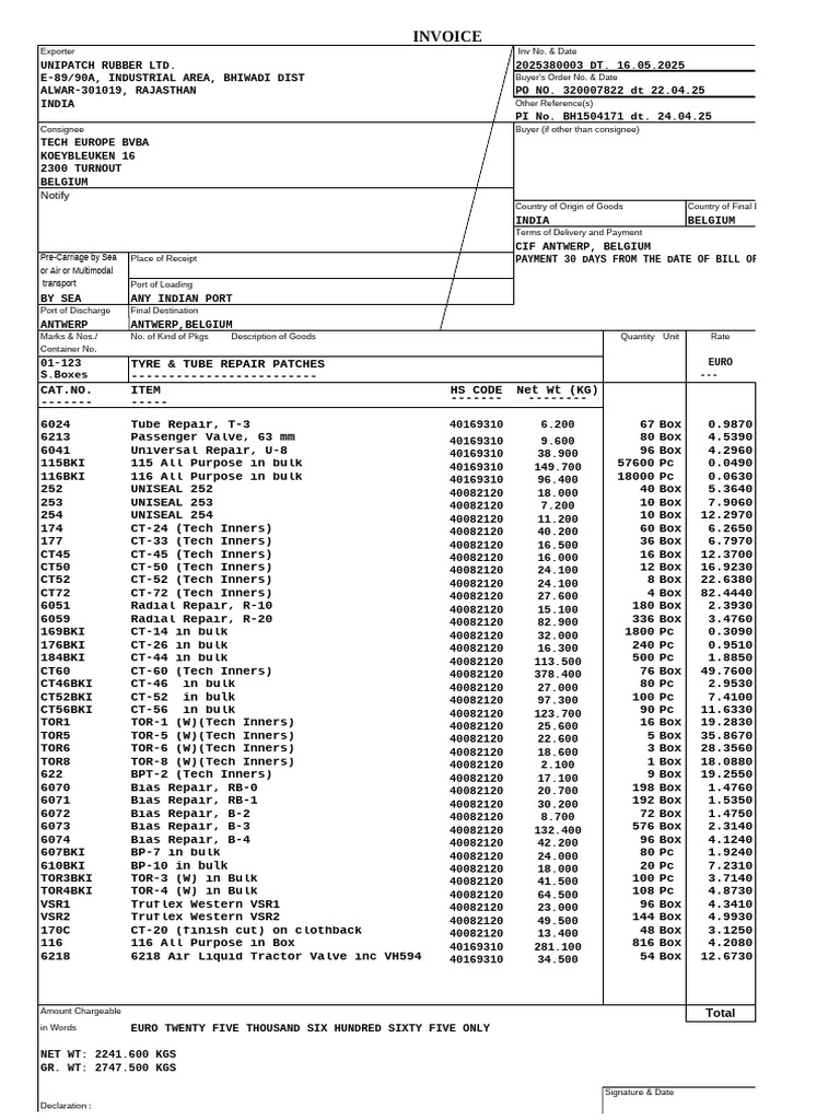 Invoice for Tyre Repair Products | PDF | Bill Of Lading | Consignee