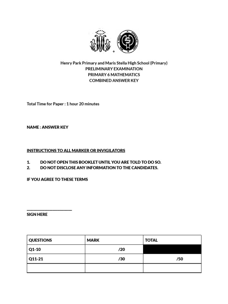Primary 6 Math Exam Answer Key | PDF