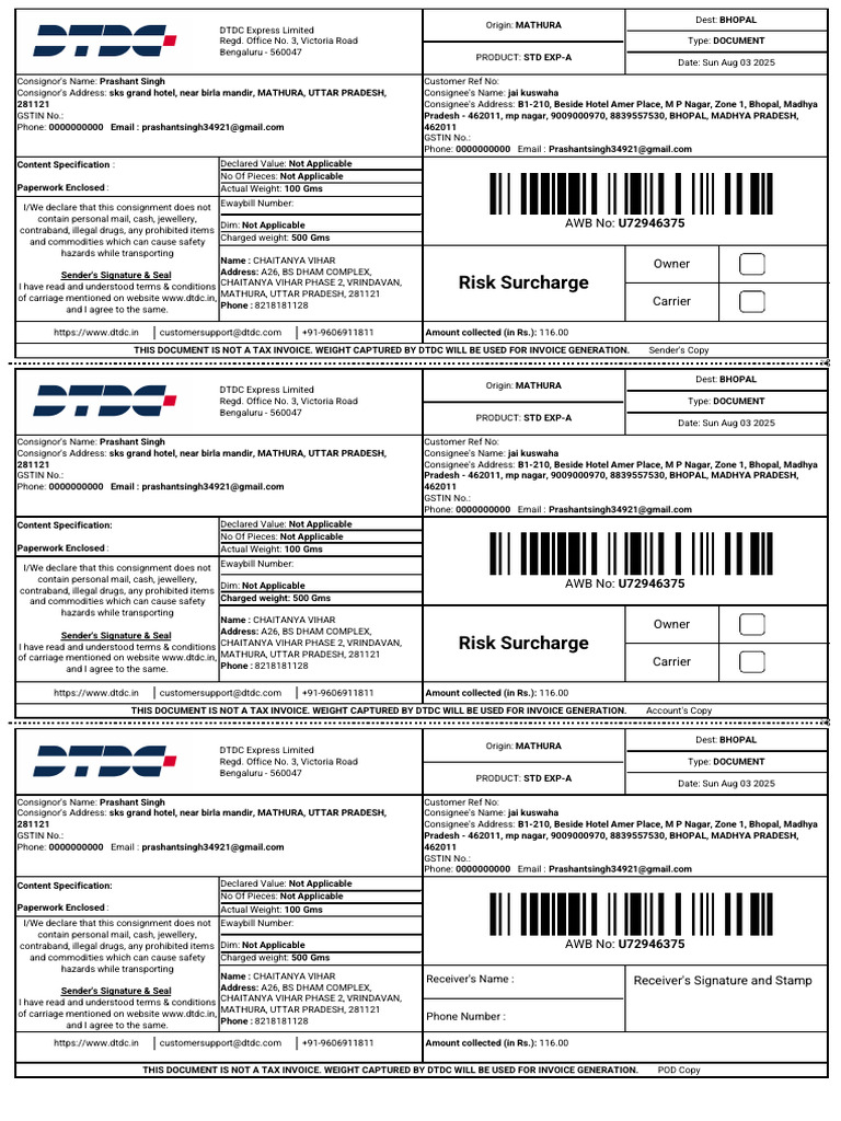 DTDC Document: Mathura to Bhopal Shipment | PDF | Mail