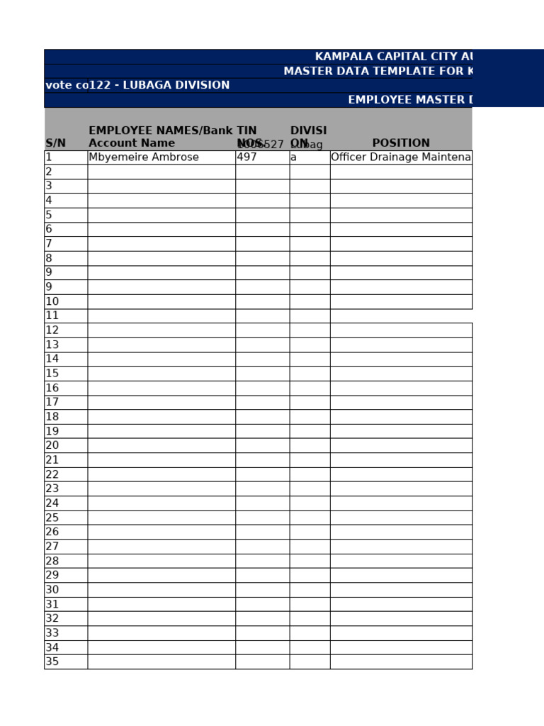 KCCA Employee Master Data Template | PDF