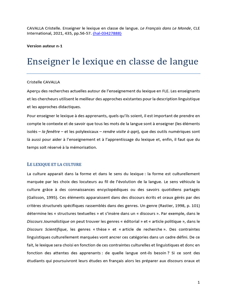 Enseigner le lexique en classe de langue | PDF | Apprentissage | Lexique