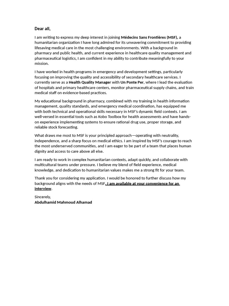 MSF Job Application Motivation Letter | PDF