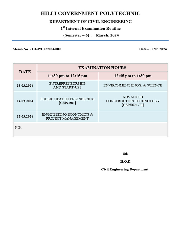 1st Internal Examination Routine - (Semester - 6) - MARCH, 2024 | PDF