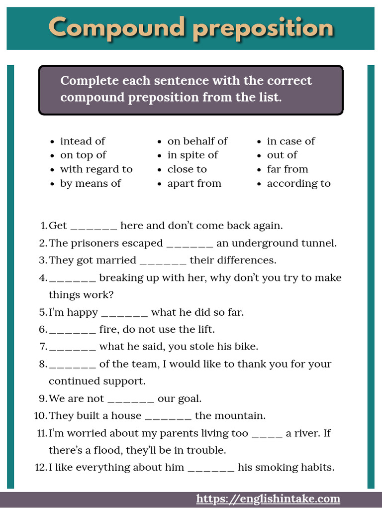 Compound Preposition Practice Worksheet | PDF