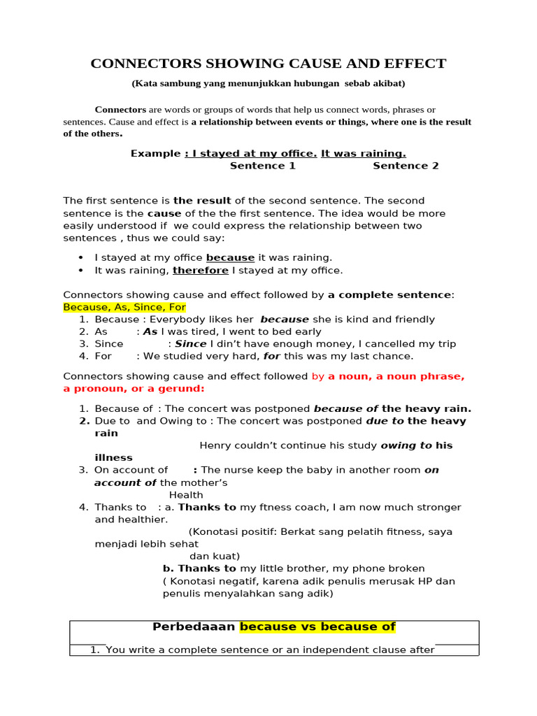 Cause and Effect Connectors Explained | PDF | Sentence (Linguistics ...