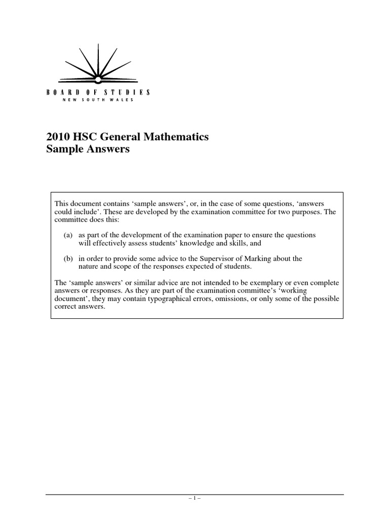 2010 Sample Answers - General Maths 2010 HSC - Sample Answers | PDF