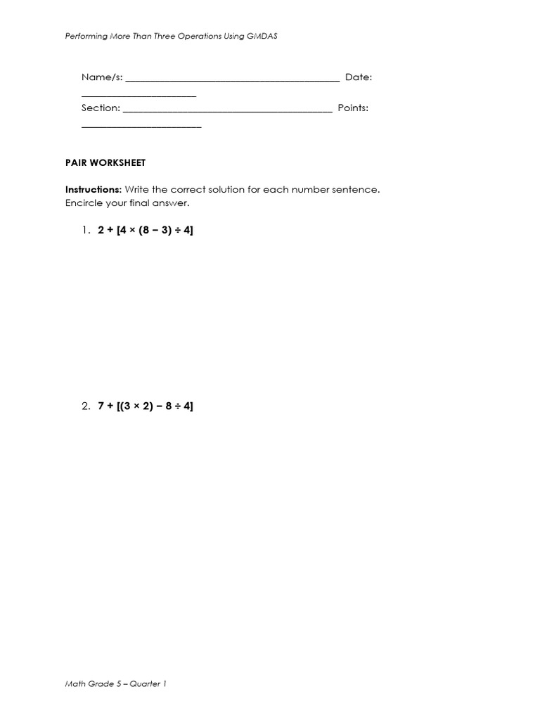 GMDAS Operations Worksheet for Grade 5 | PDF