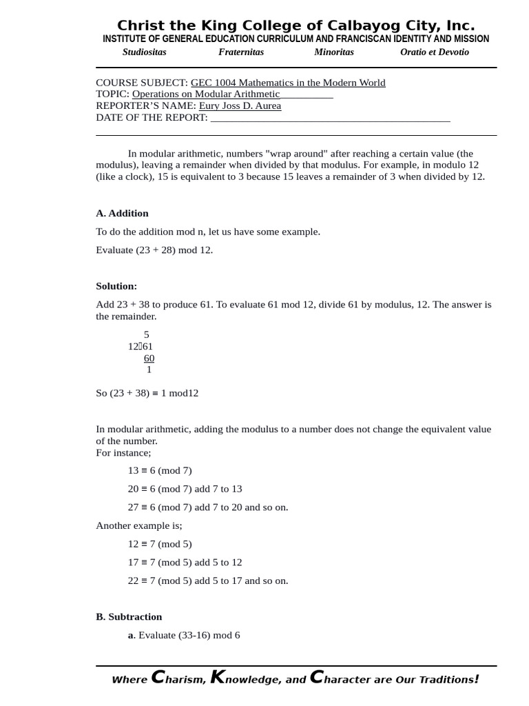 Addition Modulo 7 in Modular Arithmetic | PDF | Ring Theory | Algebra