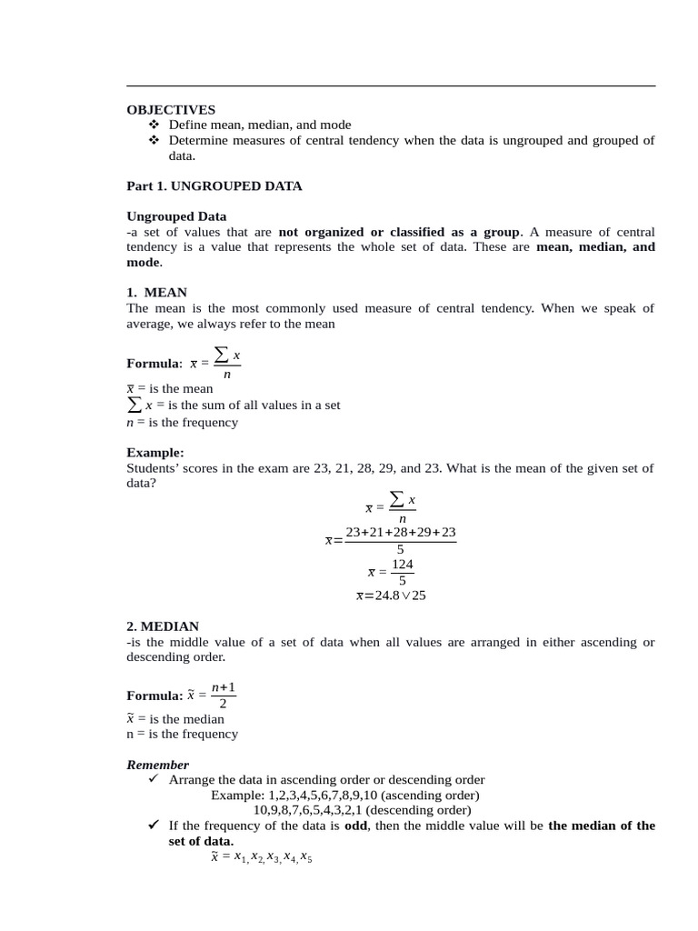 Measures of Central Tendency Explained | PDF | Mode (Statistics ...