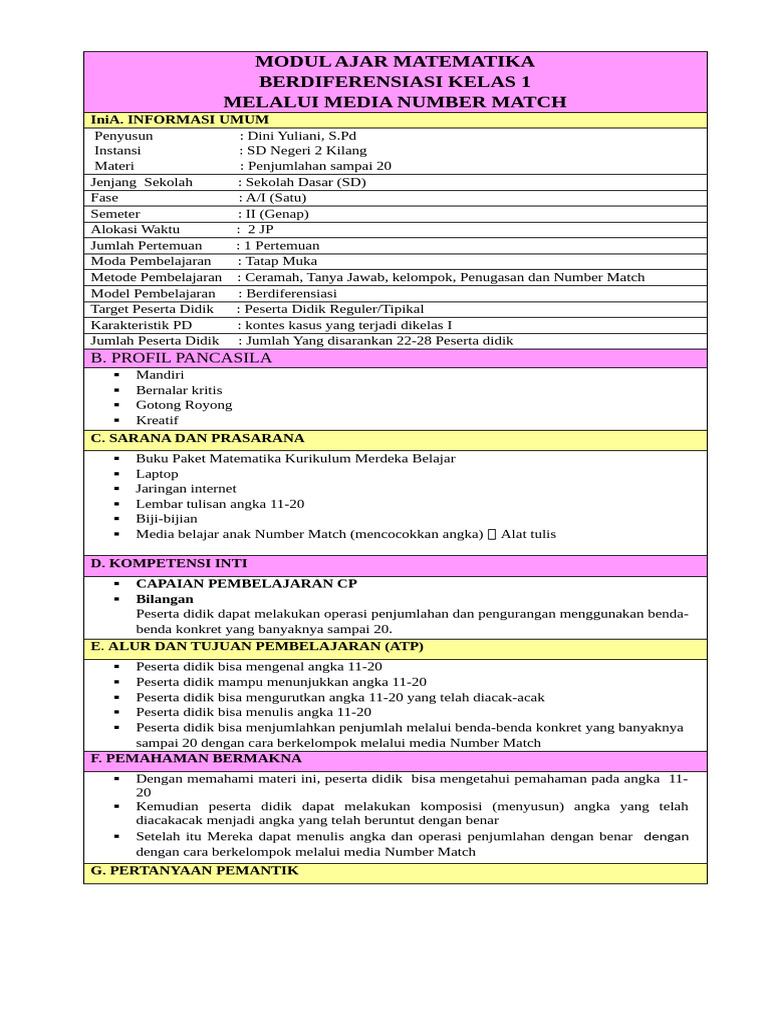 Modul Pembelajaran Matematika Kelas 1 | PDF