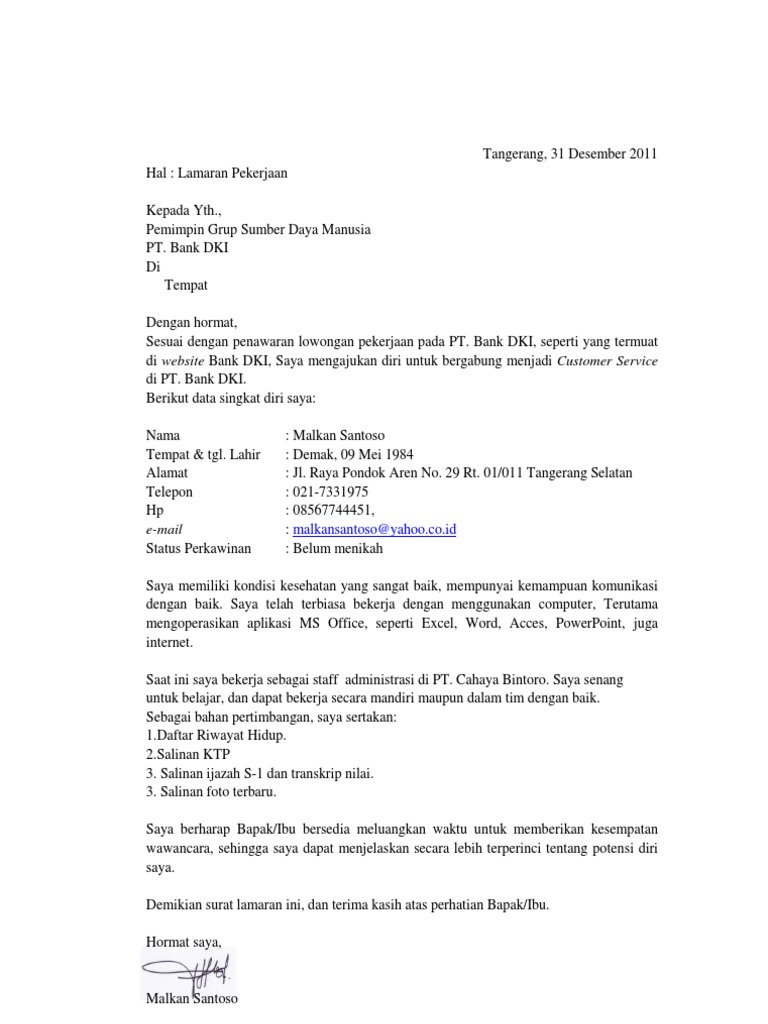 Contoh Surat Lamaran Kerja Bank Bni Syariah » Daily Blog Networks