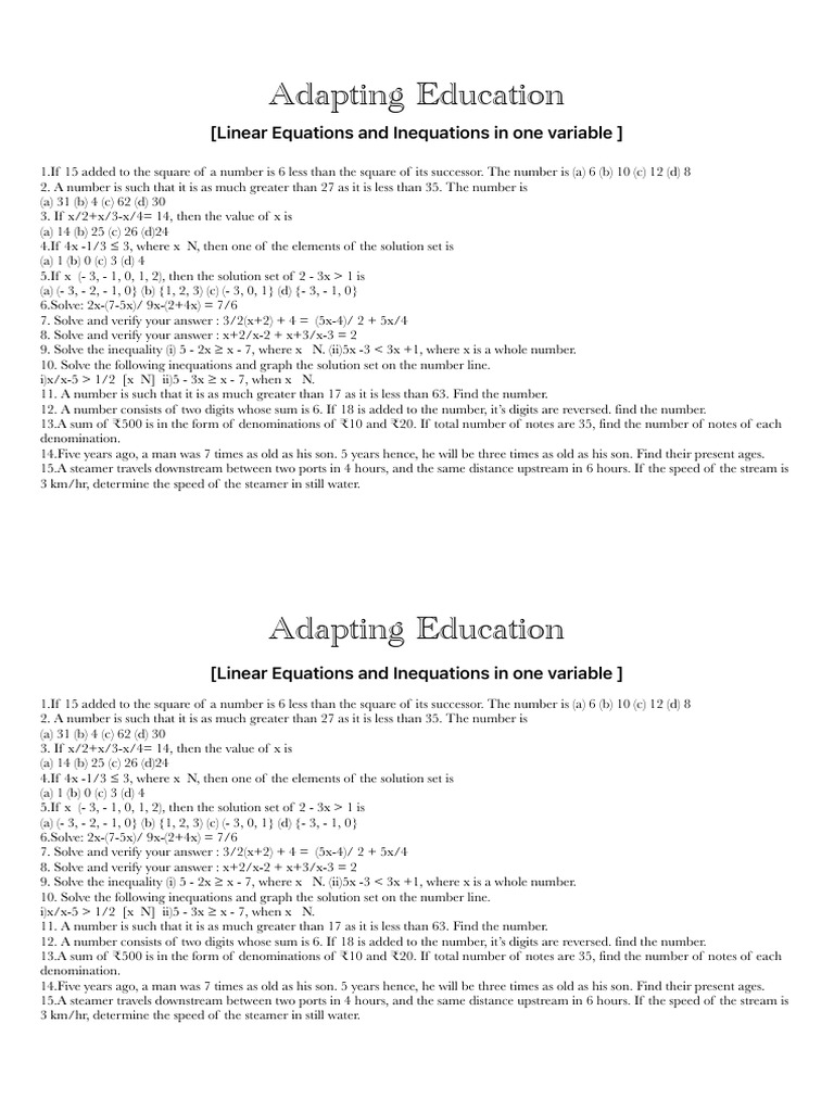 Linear Equation and Inequation | PDF | Inequality (Mathematics) | Equations