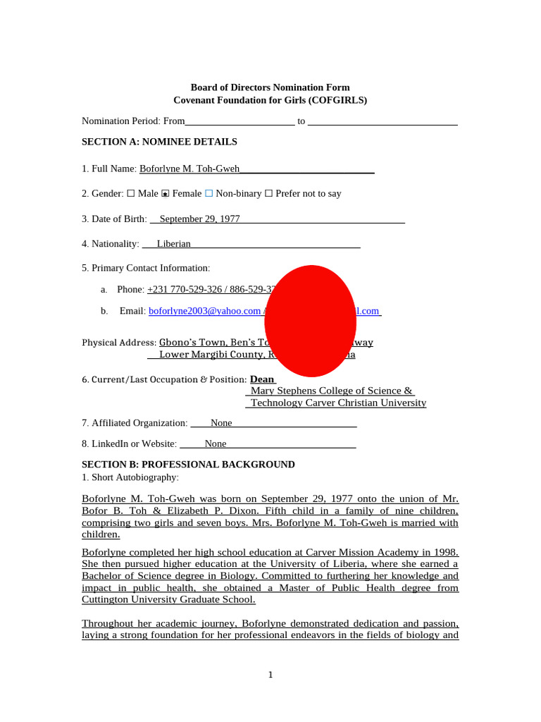 COFGIRLS Board Nomination Form | PDF | Social Psychology