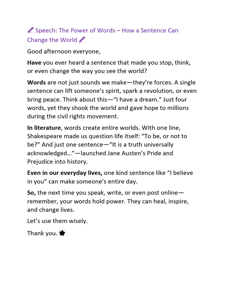 Speech: The Power of Words - How A Sentence Can Change The World | PDF