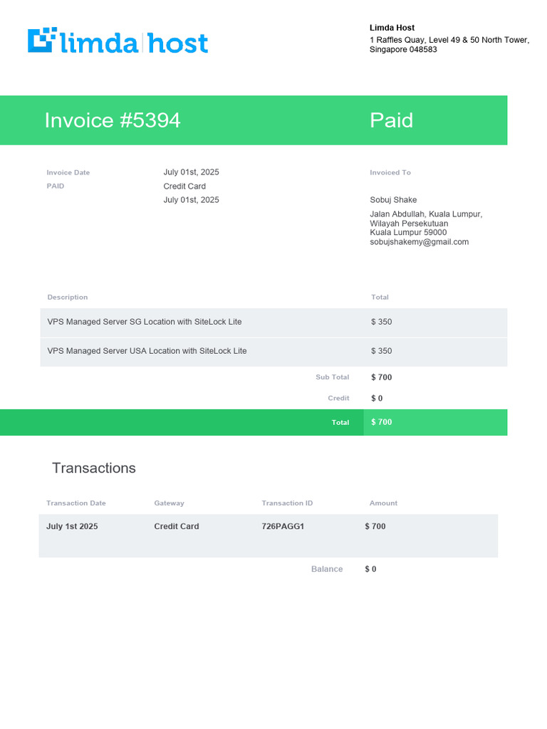 VPS Server Invoice #5394 - Paid | PDF