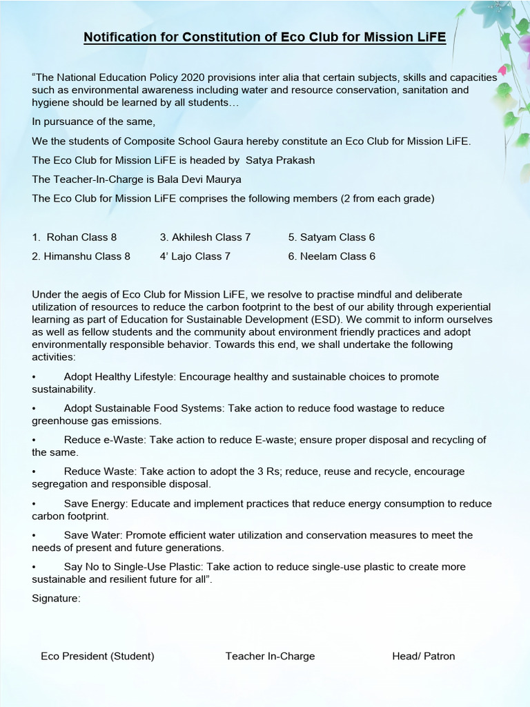 Eco Club Constitution for Mission LiFE | PDF