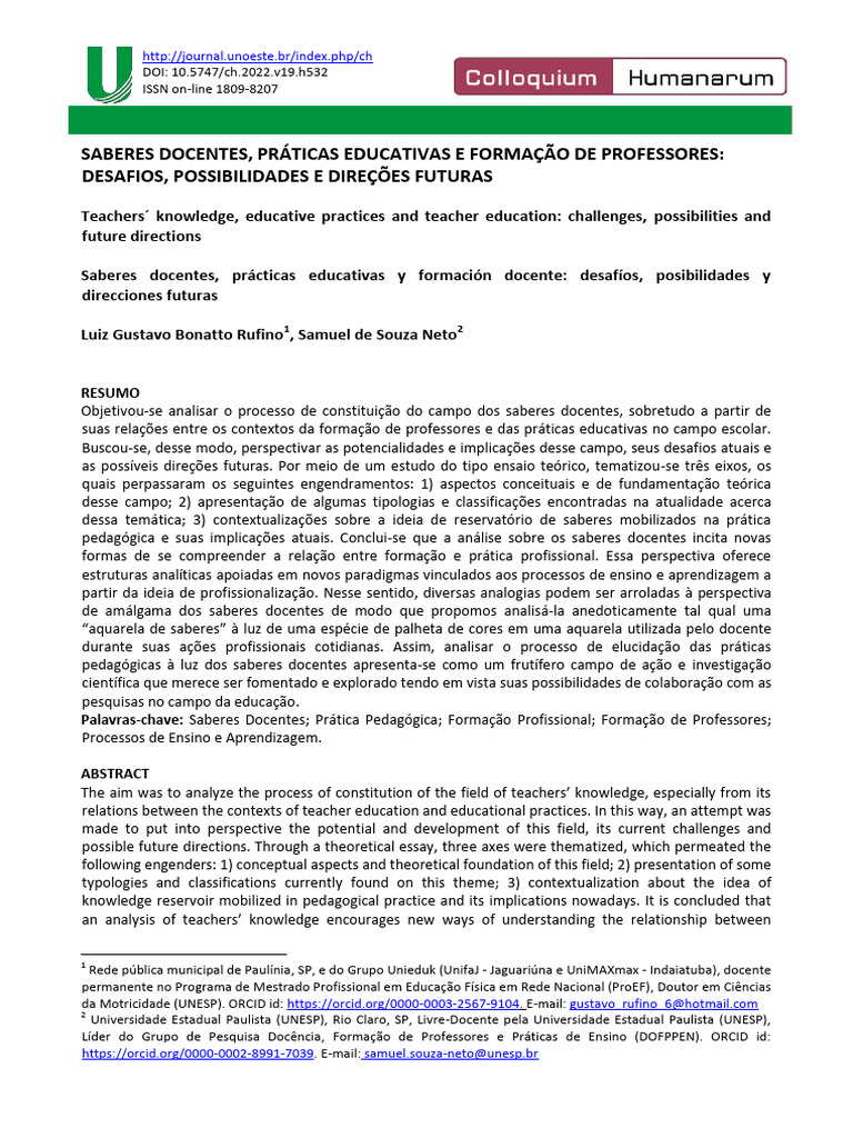 Saberes Docentes, Práticas Educativas e Formação de Professores ...