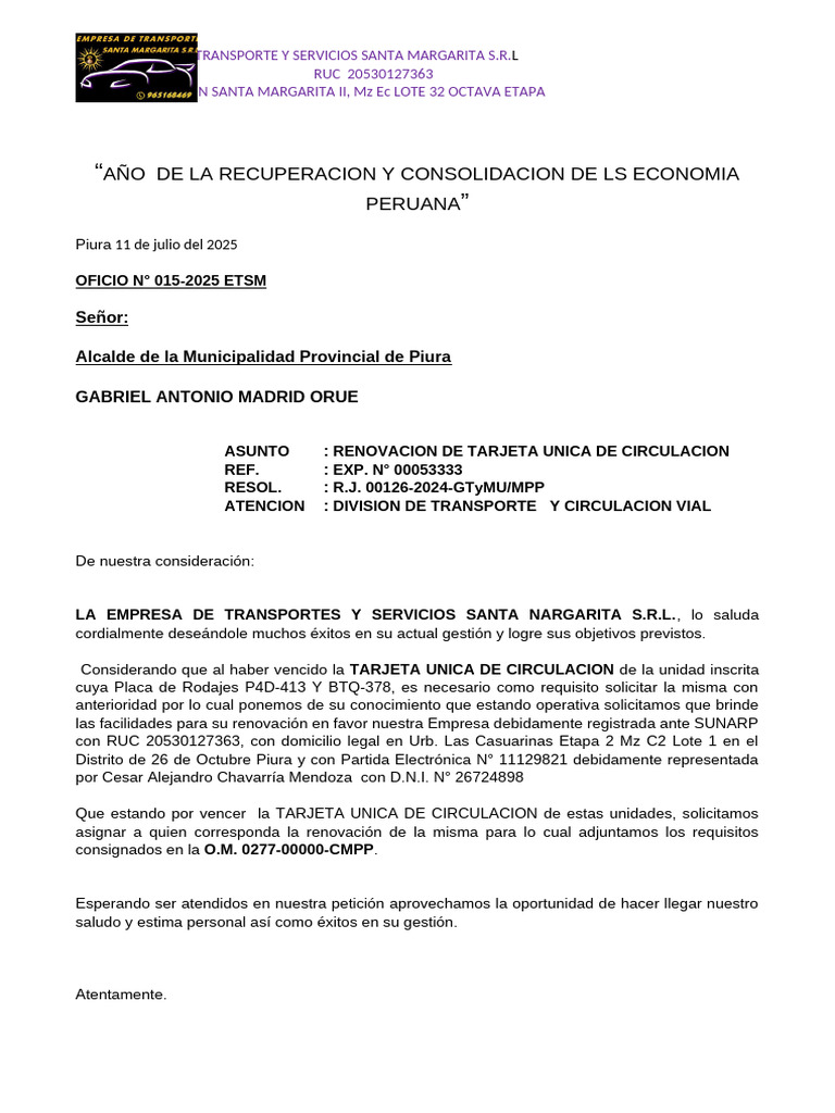 Renovación Tarjeta Única Circulación ETSM | PDF