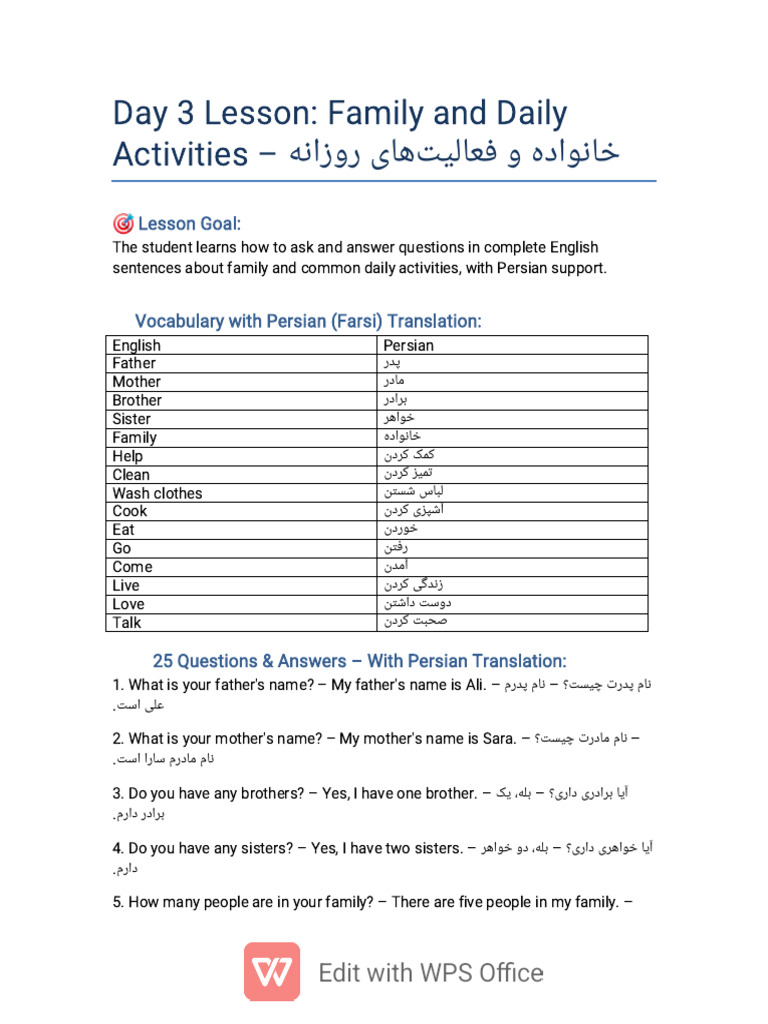 Day 3 Lesson 3 Family and Activities Persian | PDF | Chess Theory | Chess