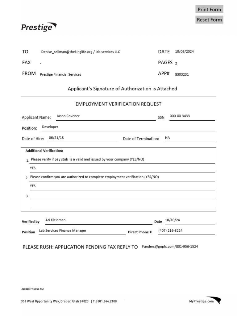 Employment Verification Request Form | PDF