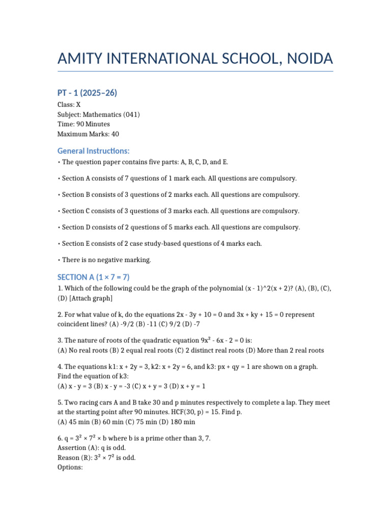 Class X Mathematics PT-1 Exam 2025-26 | PDF | Zero Of A Function ...