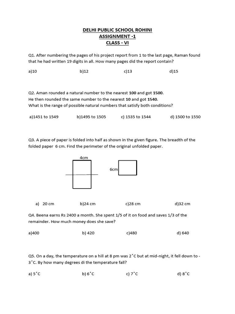 Class VI Math Assignment Questions | PDF | Elementary Mathematics ...