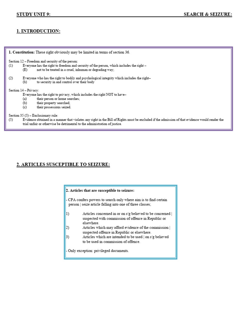 Search and Seizure Law Overview | PDF | Search Warrant | Search And Seizure