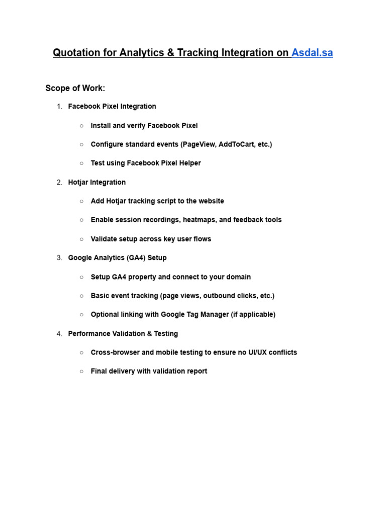 Quotation For Analytics & Tracking Integration On Asdal | PDF